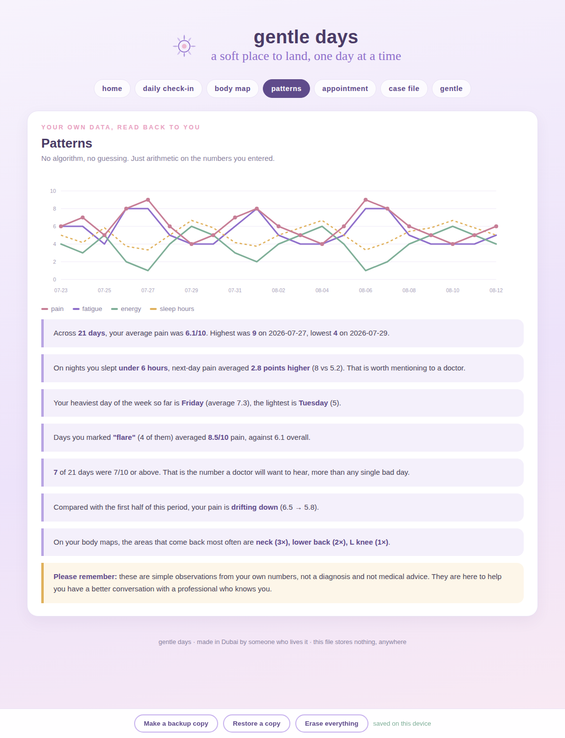 A chart of pain, sleep, energy and fatigue with written observations underneath